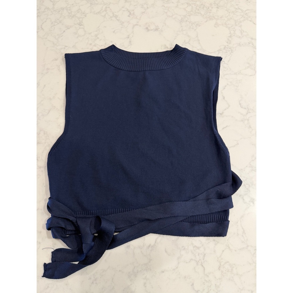 Topshop‎ Navy Blue Knit Sweater Vest Tie Waist Crew Neck Sleeveless US 12 NEW